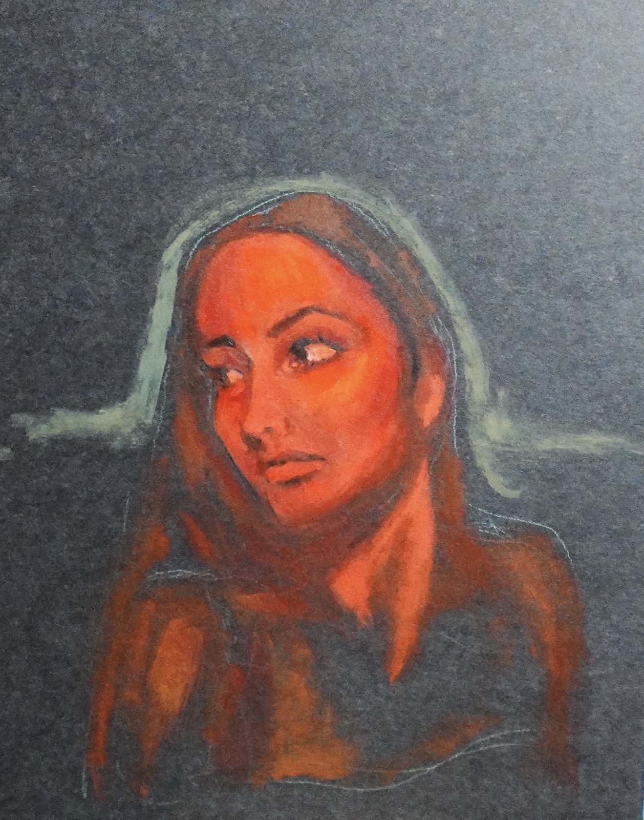 Red Light, original oil painting on paper by Mia Cugasi, warm red tones, 11 by 14 inches